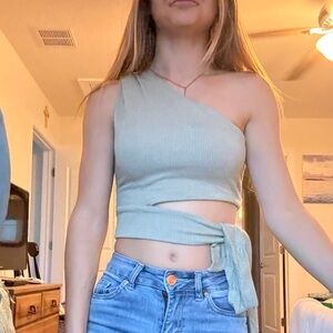 One-Shoulder Ribbed Knit Top in Light Green